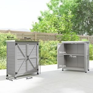 Armario de Exterior de Madera, Caseta de Jardín Exterior con Techo de Acero Galvanizado, Estante, 2 Puertas, Cobertizo de Jardín para Almacenamiento de Herramientas, 79x43x92 cm, Gris