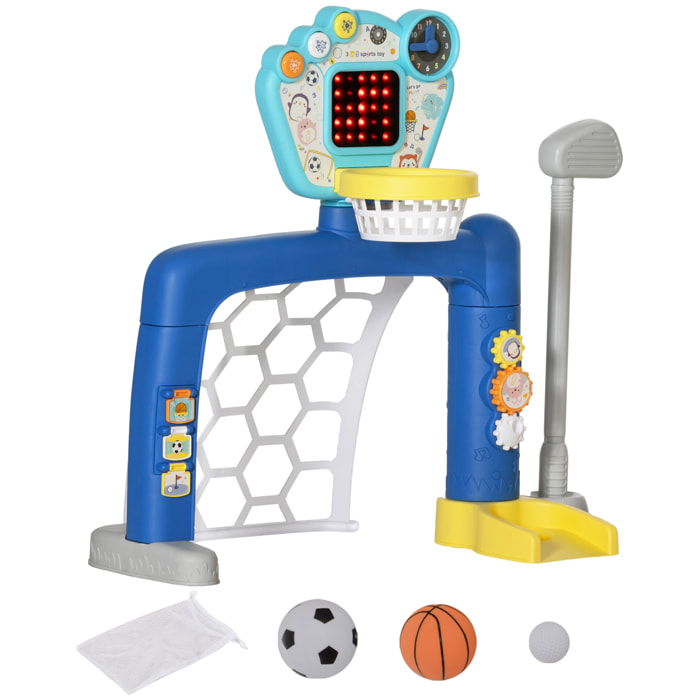 Jeux sportifs 3 en 1 enfant 18-48 mois - foot, basket, golf - effets lumineux sonores bleu