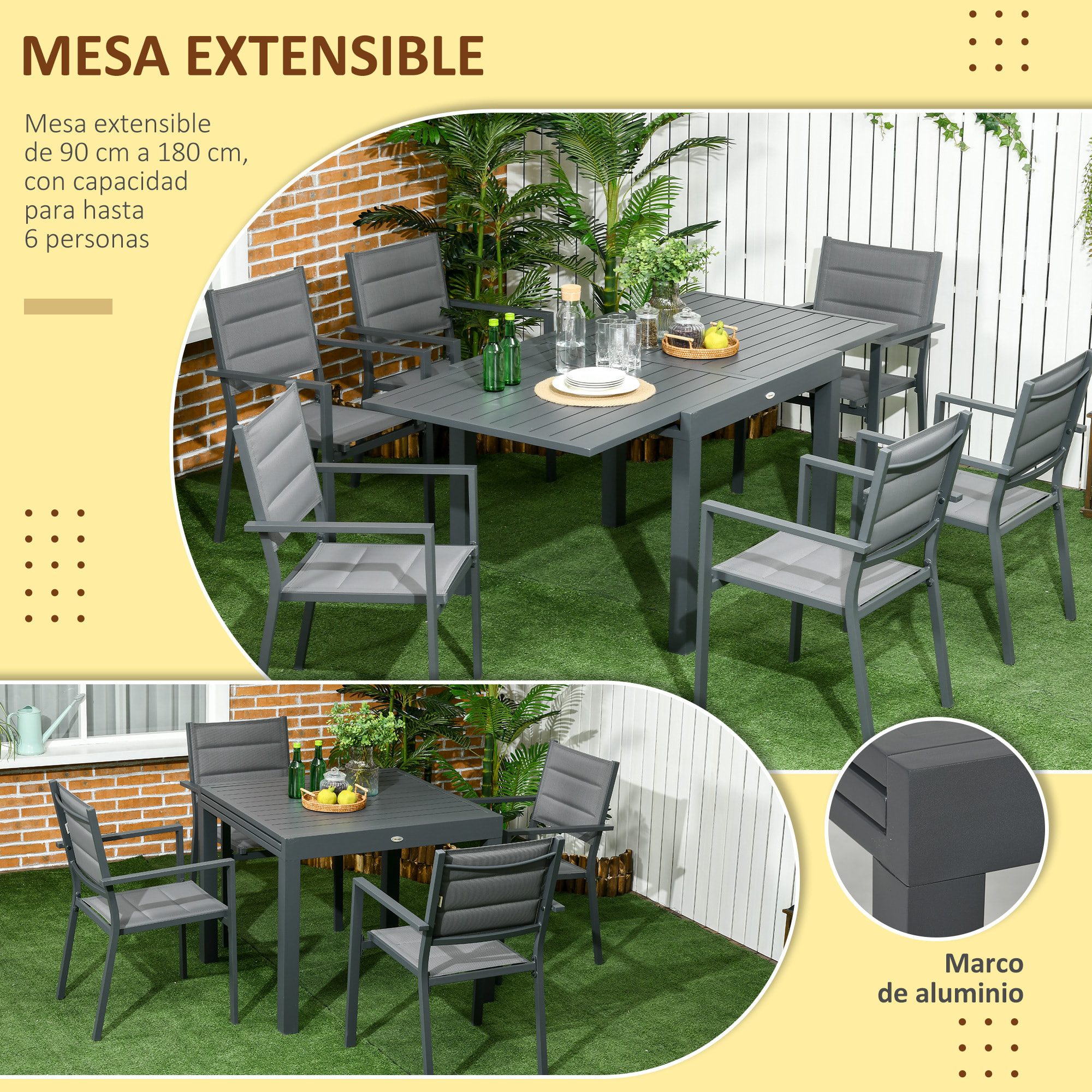 Conjunto Muebles de Jardín 7 Piezas con Mesa Extensible y 6 Sillas Apilables