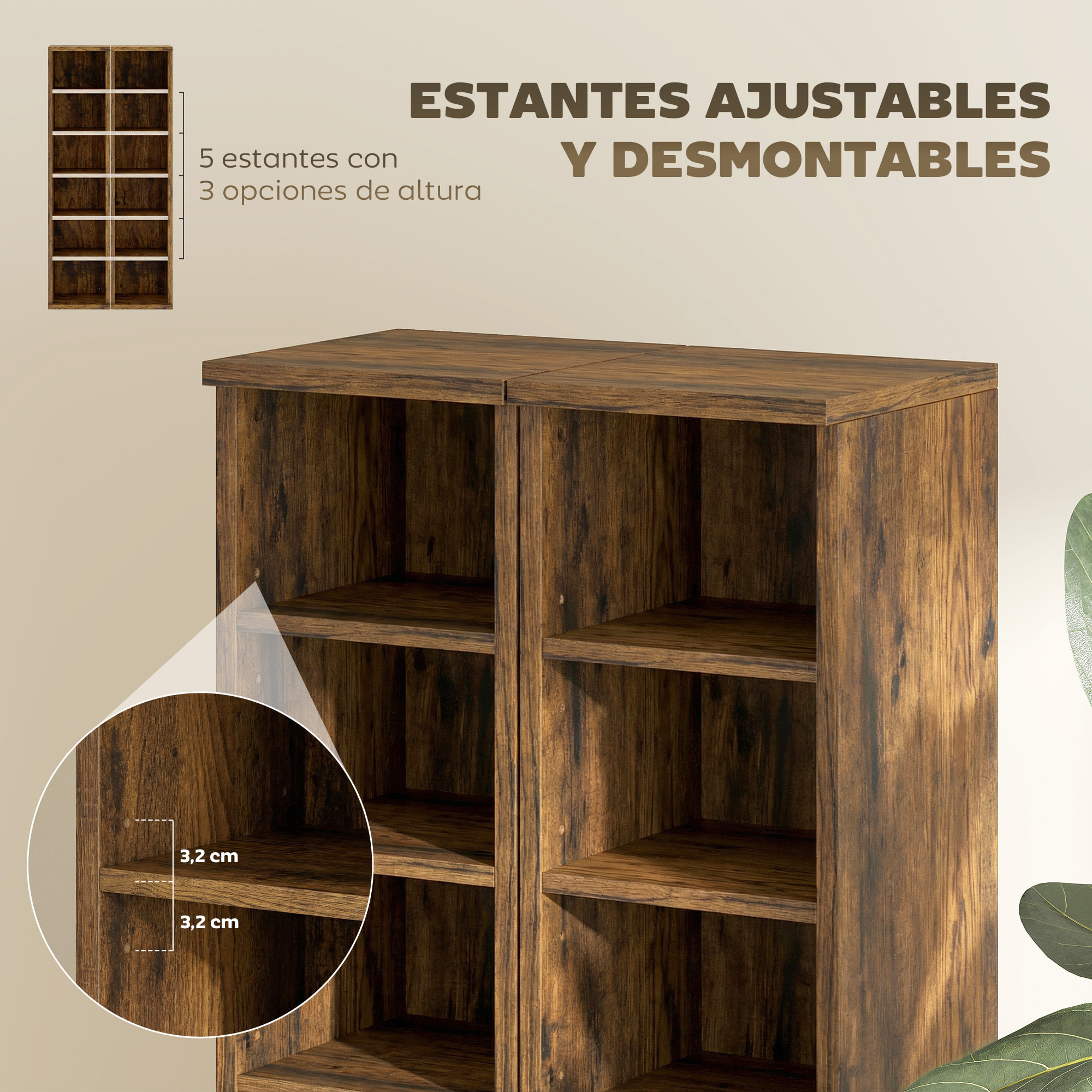 Set de 2 Estanterías para CDs y DVDs, Soportes para CD Estrechos con 12 Compartimentos, Estantes Ajustables, Estanterías para Salón, Oficina, 21x22,5x88,5 cm, Marrón Rústico