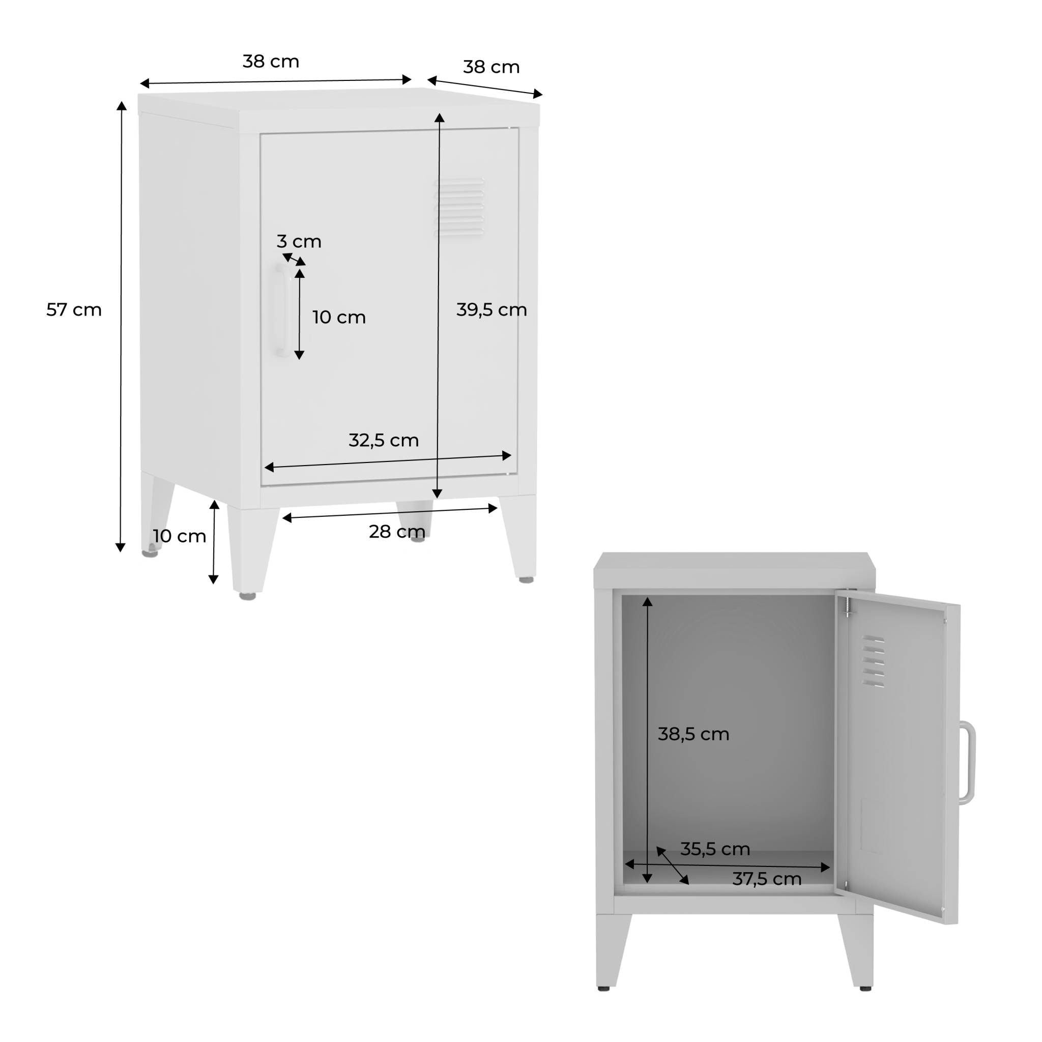 Lot de 2 tables de chevet en acier 1 porte. Blanc. casier. L 38 x P 38 x H 55.7 cm