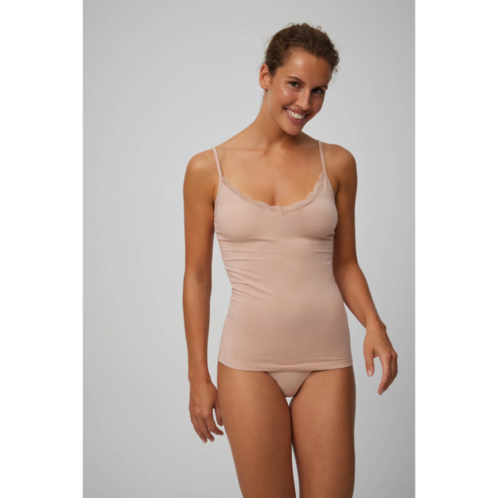 Maglietta lingerie con spalline sottili in cotone beige