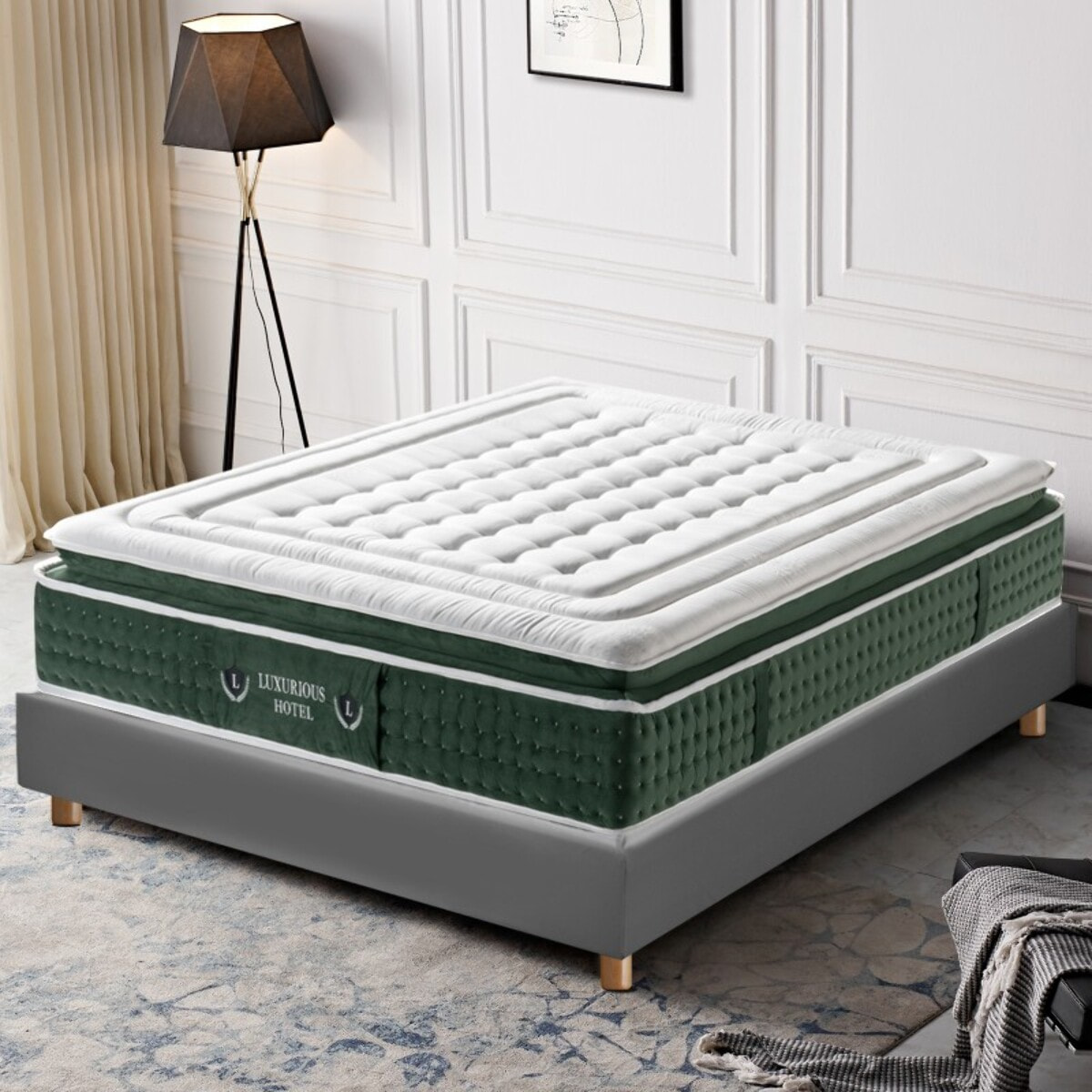 Ensemble matelas Emeraude & sommier déco| 33 cm | Mémoire de forme, gel et ressorts ensachés | Cadre à lattes | Simili cuir | Gris