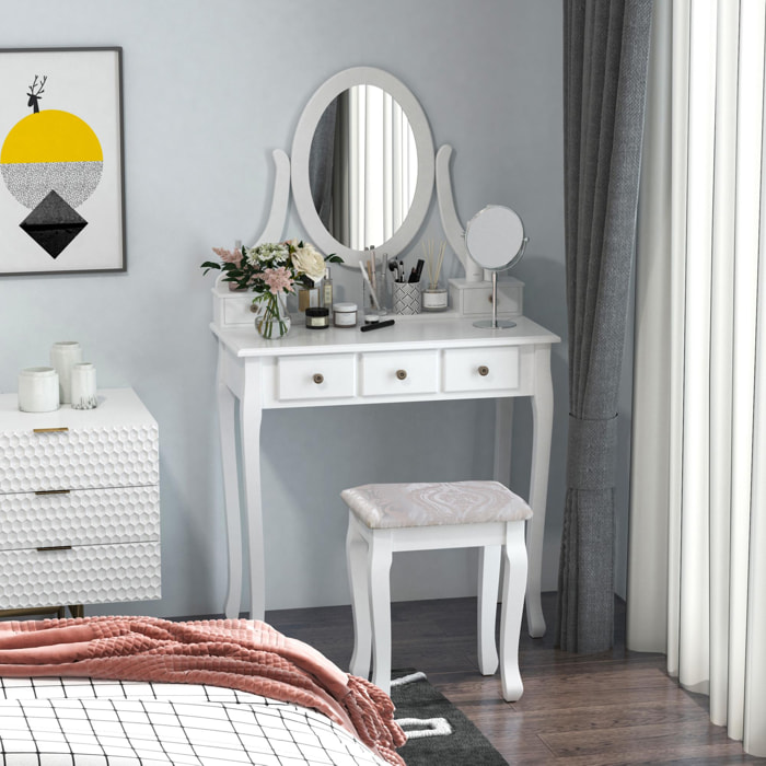 Coiffeuse et tabouret style baroque 5 tiroirs miroir ovale pivotant 360° MDF bois blanc