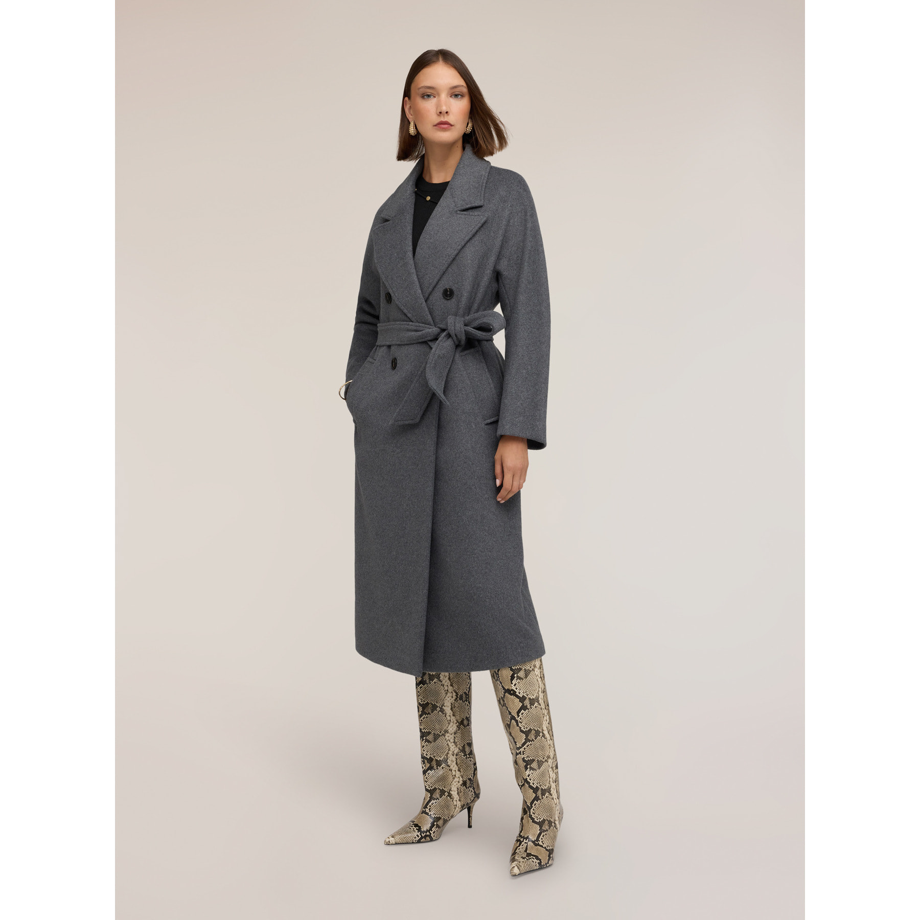 Motivi - Cappotto cinturato in drap misto lana - Grigio