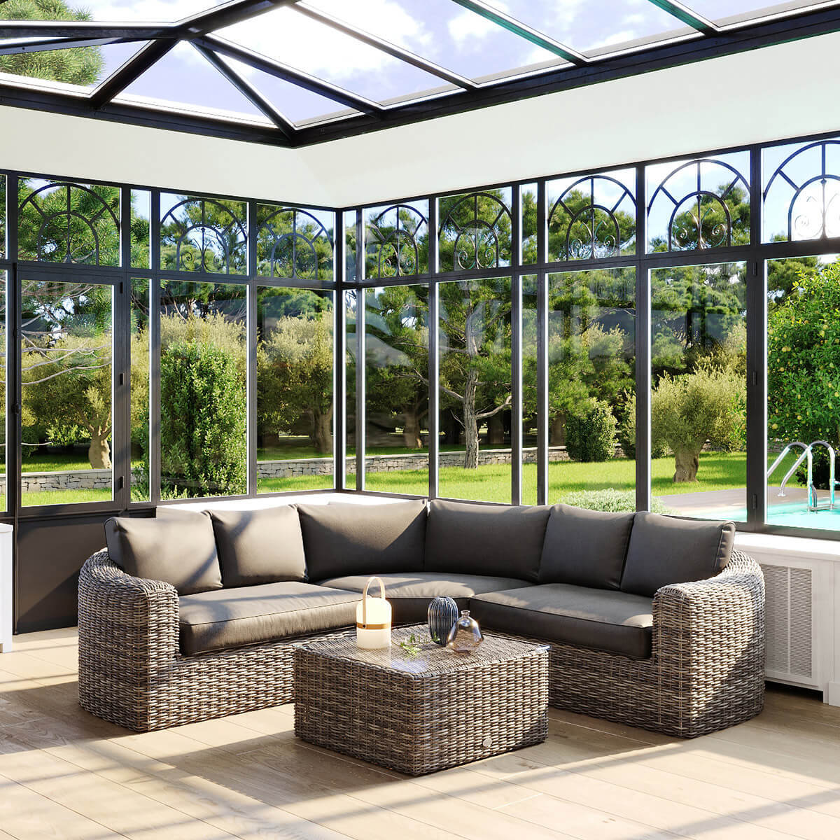 Salon d'angle de jardin 5 places Mooréa en aluminium et résine tressée