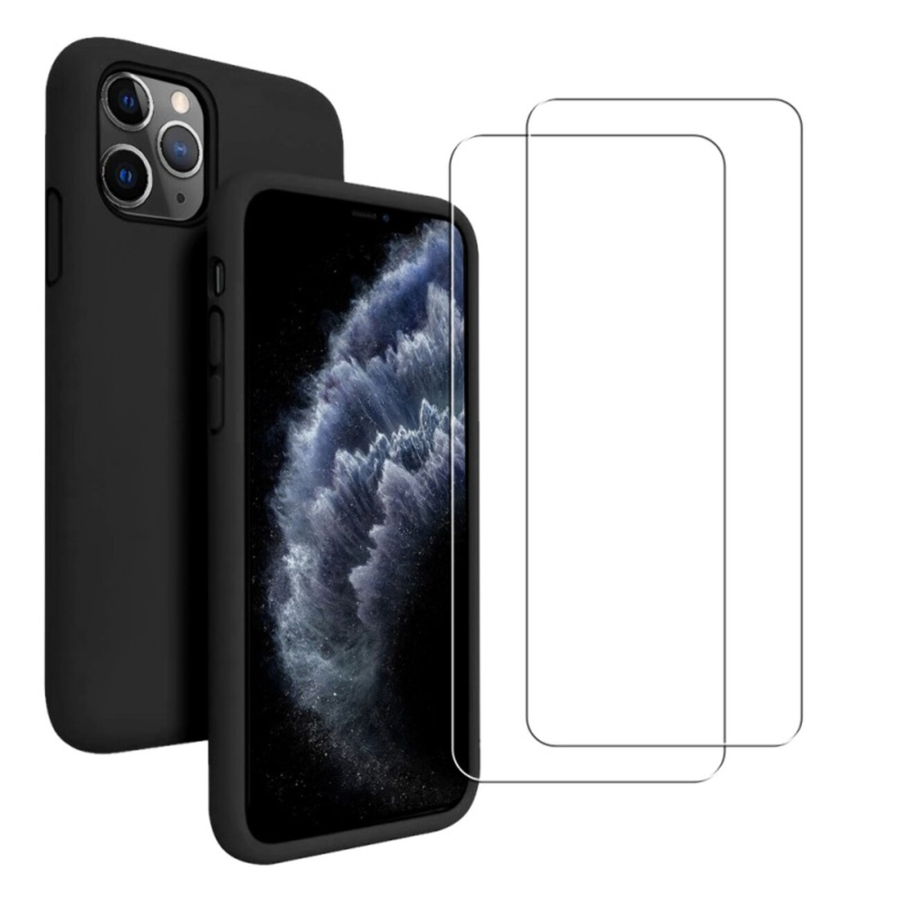 Coque iPhone 11 Pro Max Silicone liquide Noire + 2 Vitres en Verre trempé Protection écran Antichocs