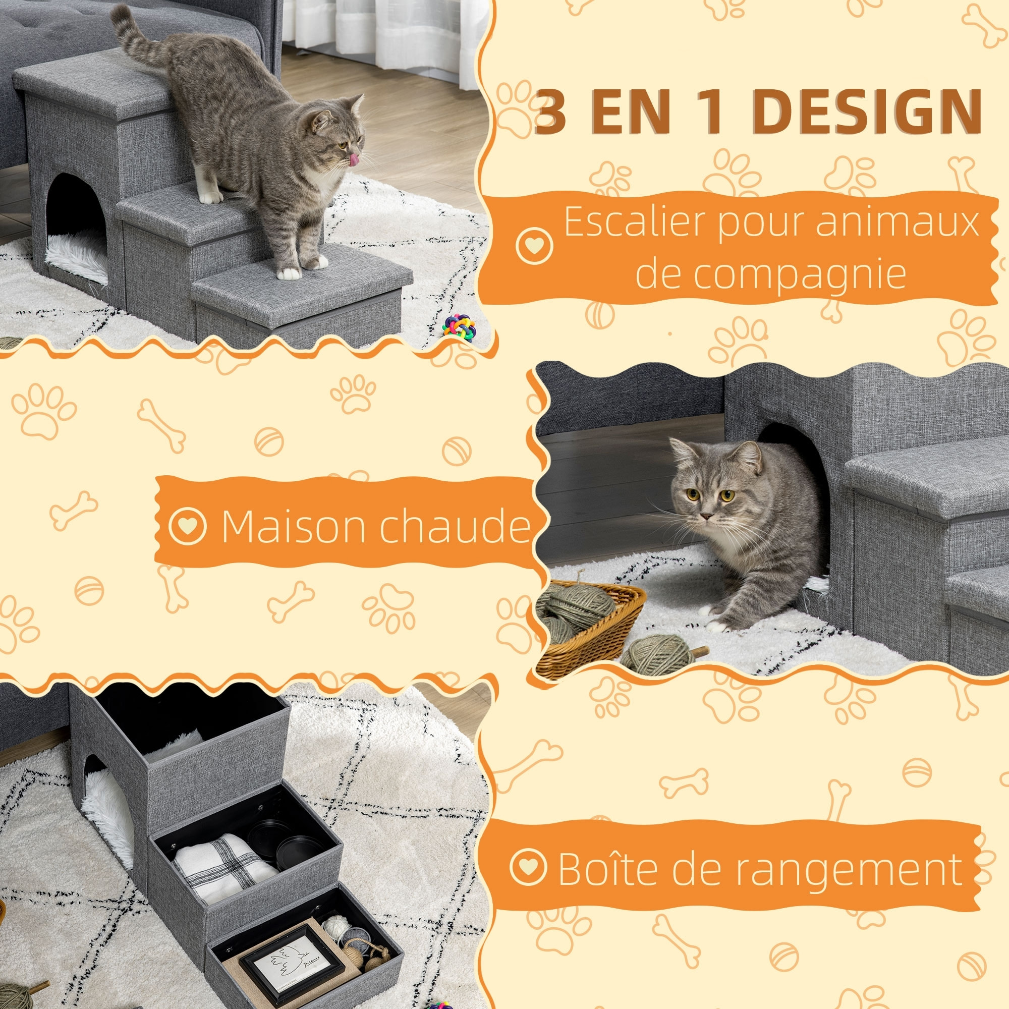 Escalier pour chat chien niche coffre 3 en 1 - 3 marches, coussin inclus - revêtement tissu rembourré doux - structure MDF - gris