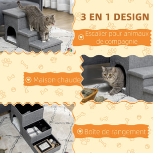 Escalier pour chat chien niche coffre 3 en 1 - 3 marches, coussin inclus - revêtement tissu rembourré doux - structure MDF - gris