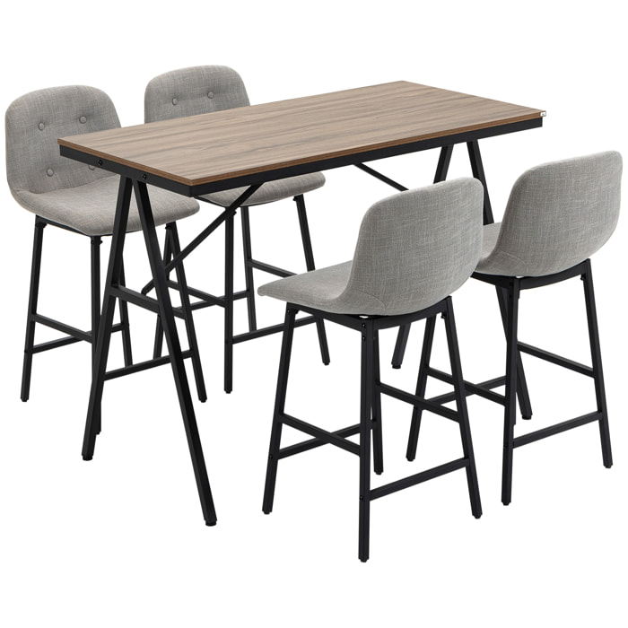 Ensemble table de bar 4 chaises de bar style industriel piètement acier noir plateau effet bois noyer tissu gris clair