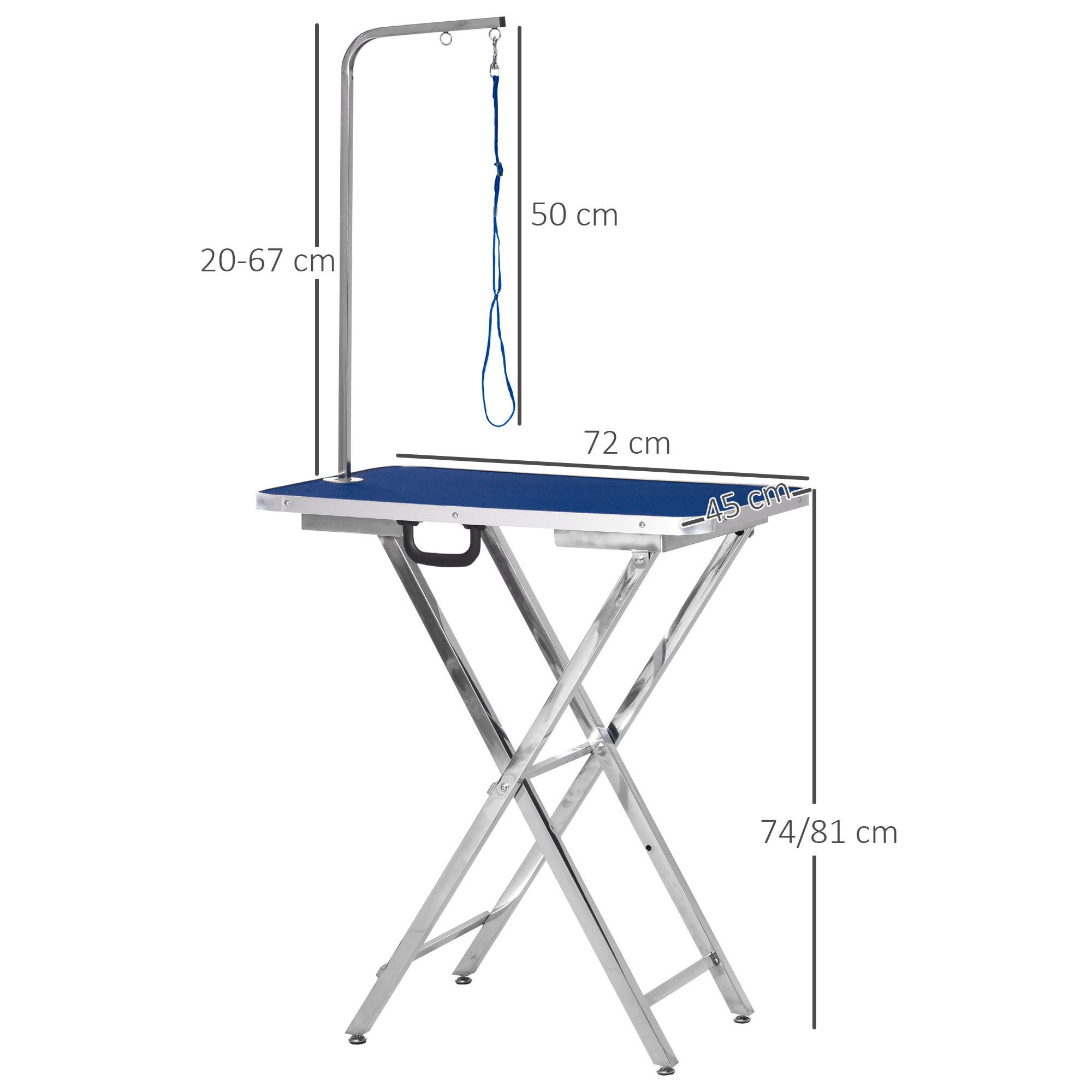 Mesa de Peluquería para Mascotas Mesa de Aseo Altura Regulable con Encimera Antideslizante Patas Plegables de Acero Inoxidable Asa y Brazo con Altura Ajustable 72x45x74-81 cm Azul