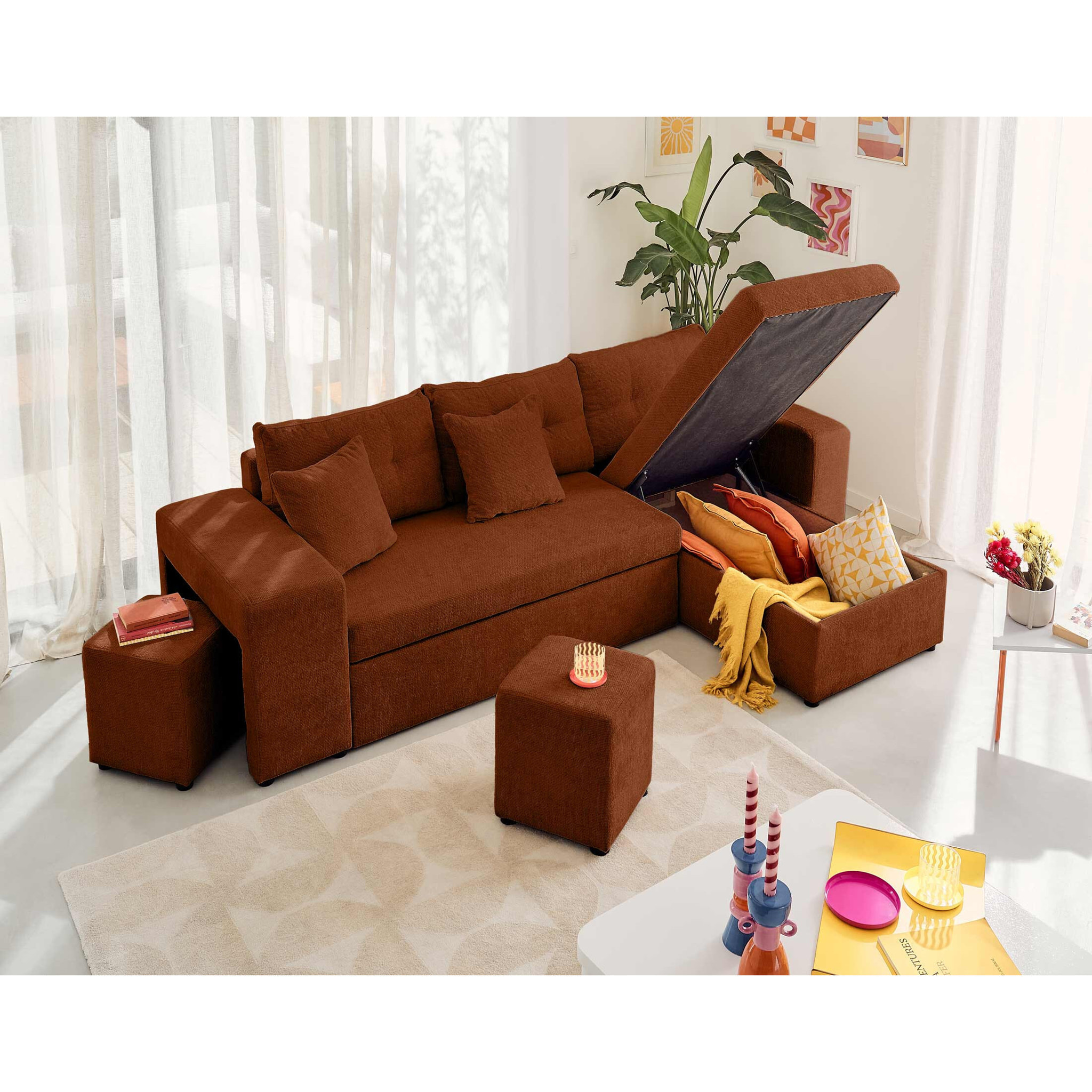 California - canapé d'angle réversible 4 places - convertible avec coffre, étagère et poufs - en velours texturé - Terracotta