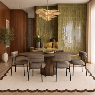 Ensemble table extensible effet noyer et 6 chaises en tissu tweed moka