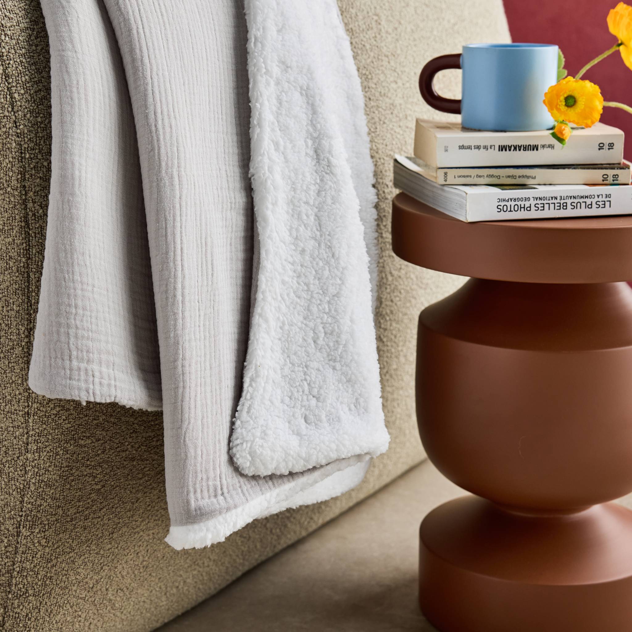 Plaid sherpa et gaze de coton 130 x 170 cm gris. ALIX. bi-matière