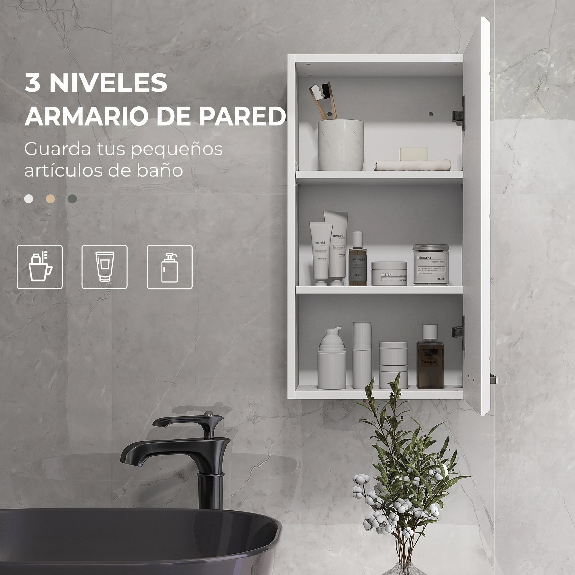 Armario de Baño de Pared, Mueble de Baño Colgar con Estante Ajustable, para Cocina, Lavadero, Dormitorio, Blanco Brillo