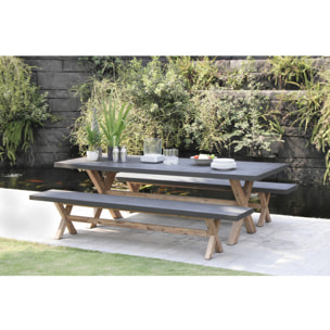 HANS - SALON DE JARDIN EN FIBRE DE BETON ET ACACIA 8 pers - Ensemble jardin - 1 Table rectangulaire 200*100 cm et 2 bancs