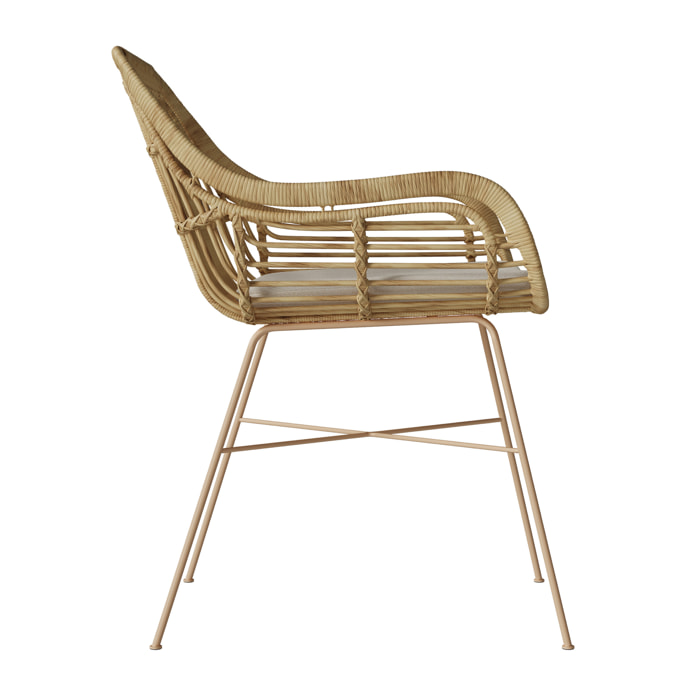 Chaise en rotin, coussin en tissu et pieds en métal beige - Chiloe