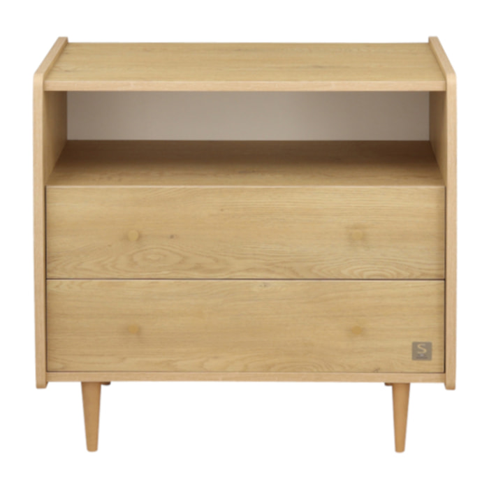 Commode 2 tiroirs et 1 niche décor chêne vintage poignées dorées