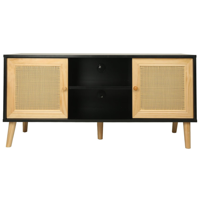 Meuble TV scandinave en cannage "Iguane" - 120 x 30 x 56.5 cm - Noir