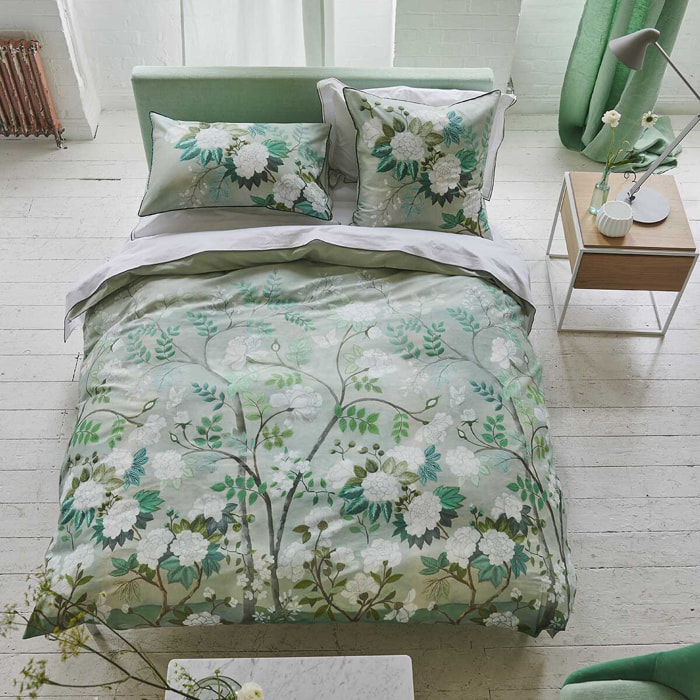 Housse de couette imprimée en satin de coton, FLEUR ORIENTALE, Vert Céladon