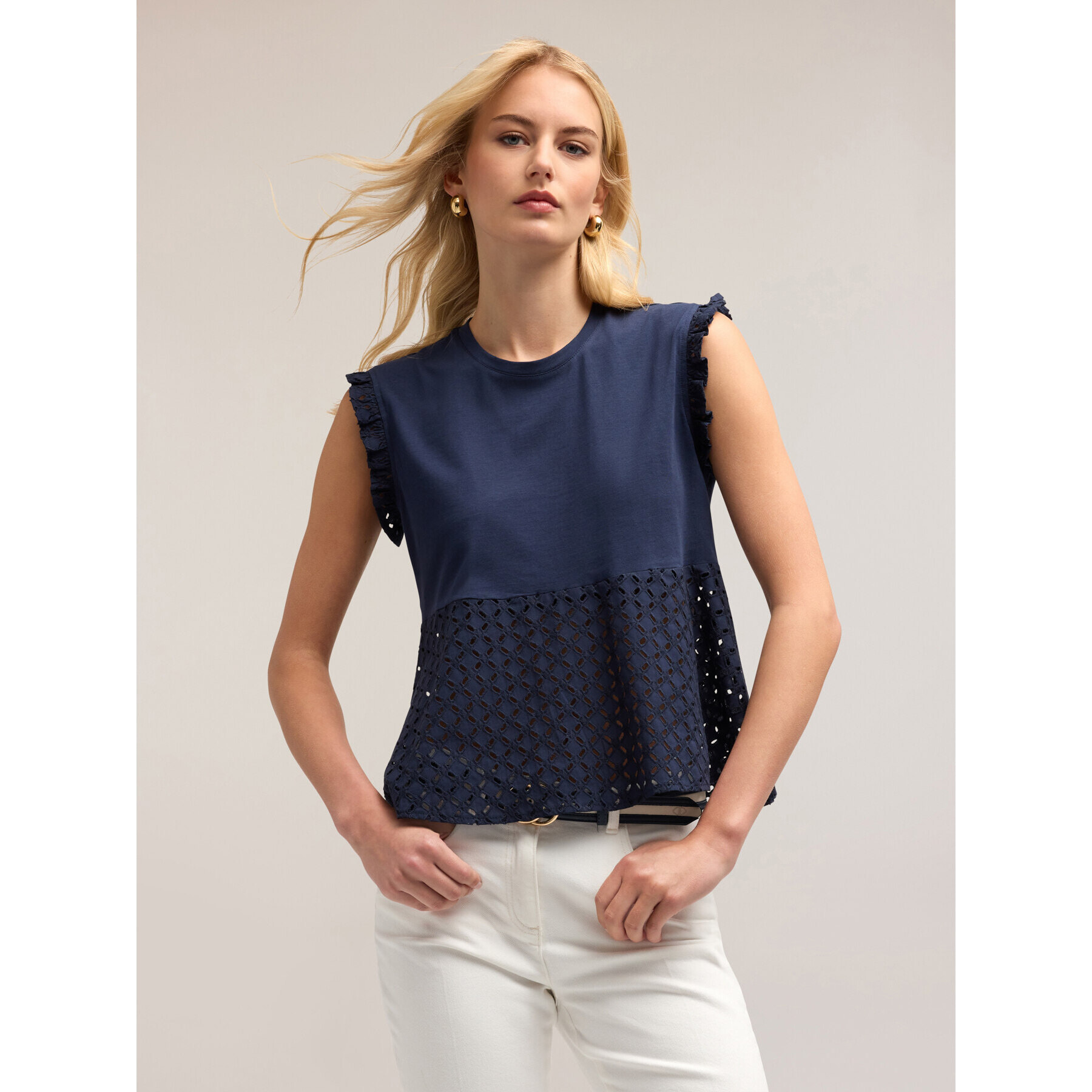 Motivi - Camiseta sin mangas con inserto de bordado inglés - Azul