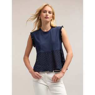 Motivi - Camiseta sin mangas con inserto de bordado inglés - Azul