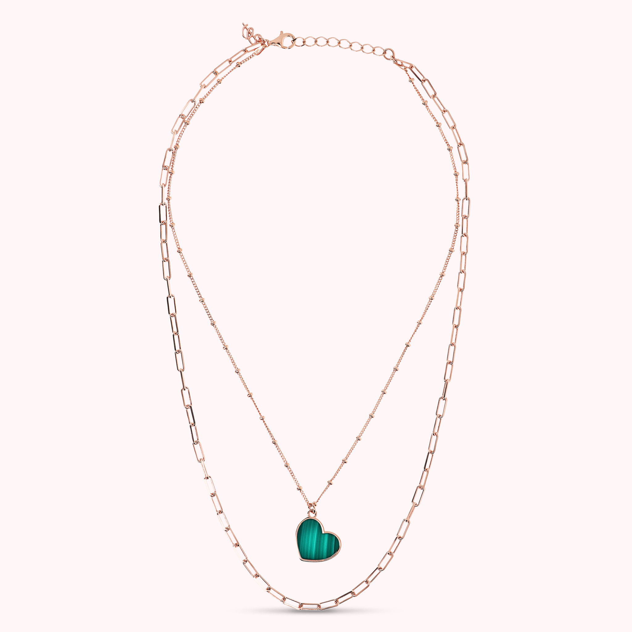 Collana Multifilo Forzatina e Catena Rosario con Pendente Cuore in Malachite Verde