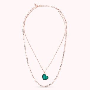 Collana Multifilo Forzatina e Catena Rosario con Pendente Cuore in Malachite Verde
