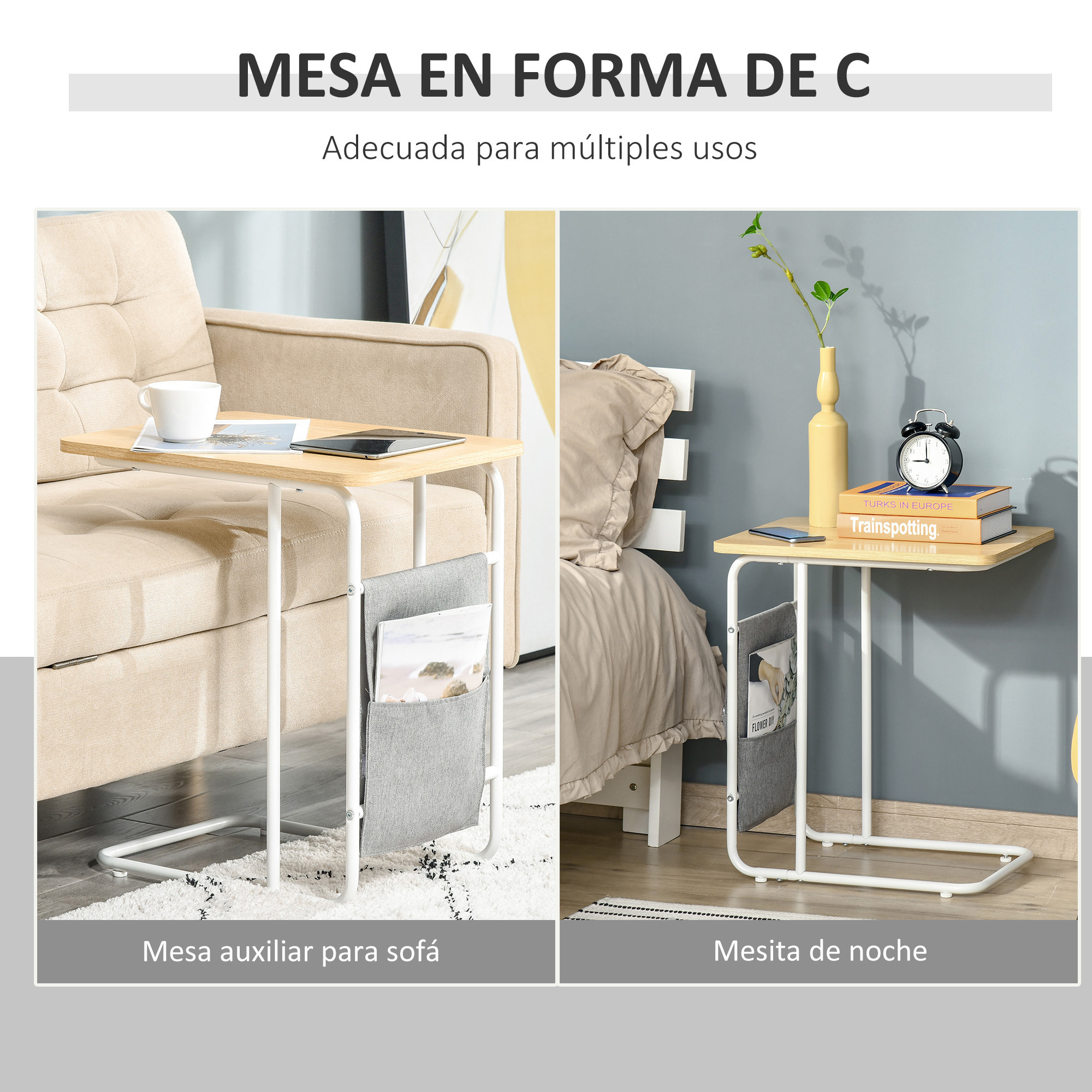 HOMCOM Mesa Auxiliar de Sofá en Forma de C con Bolsa de Almacenaje Extraíble Mesa Lateral para Salón Dormitorio Oficina 37x48x55,8 cm Roble y Blanco