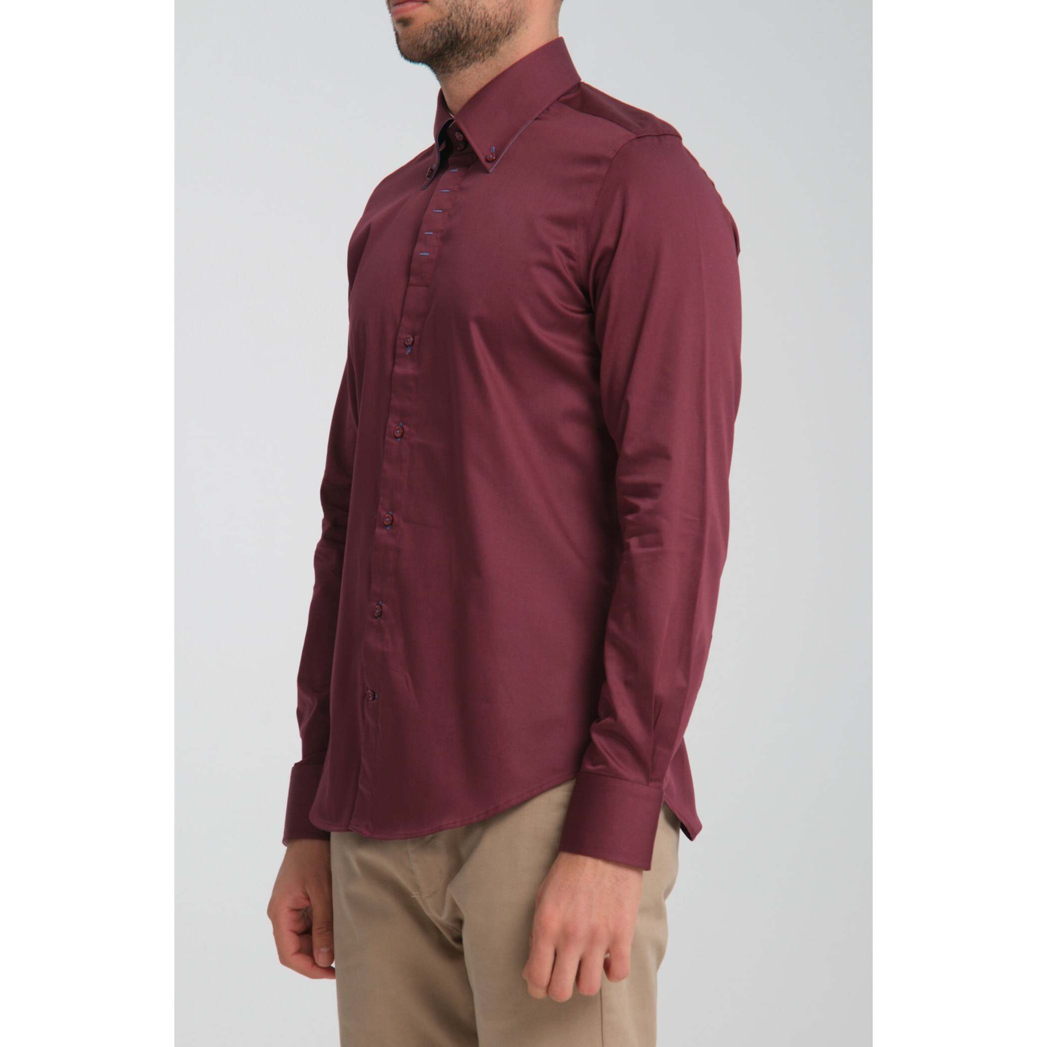 Camicia Uomo 2 Bottoni Button Down Slim Satin Unito Bordeaux