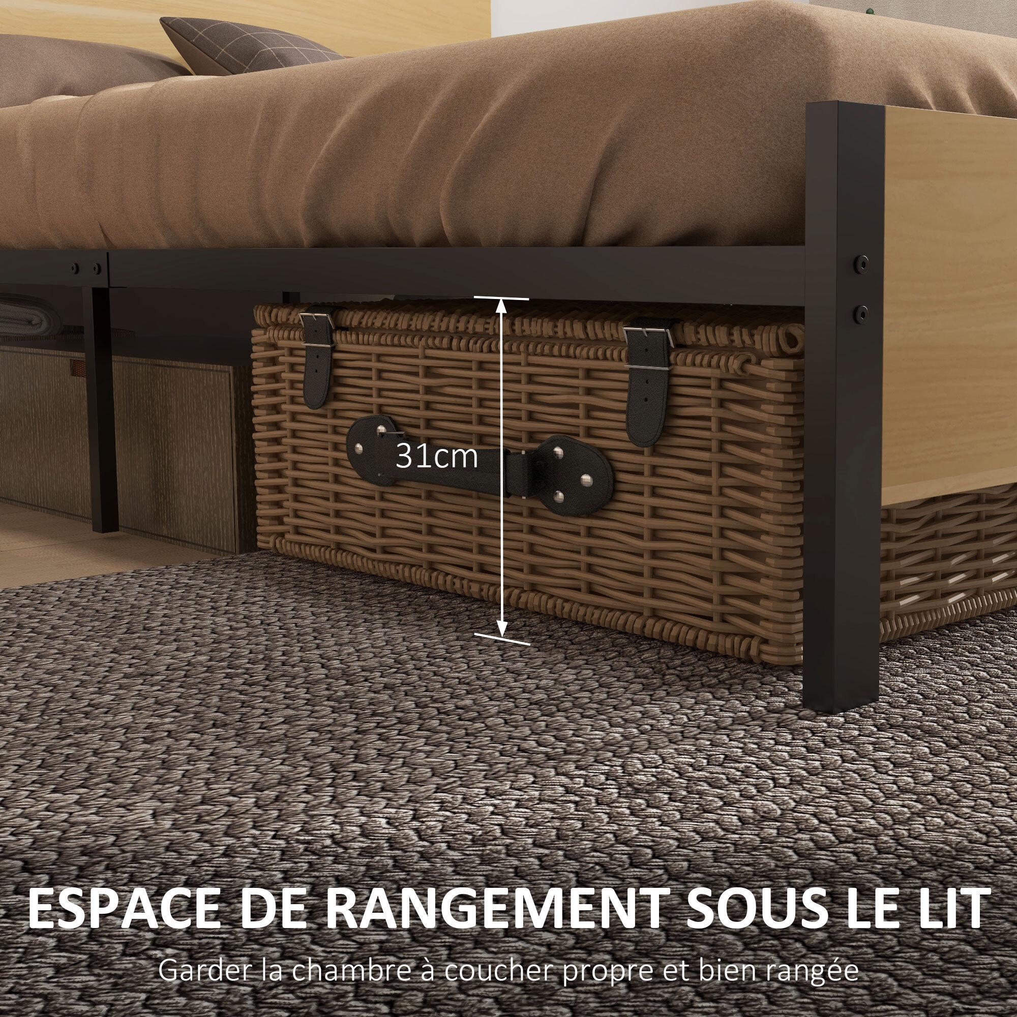 Lit double design industriel - tête de lit, pied de lit et sommier - compatible matelas 190L x 140l cm - acier noir aspect bois clair