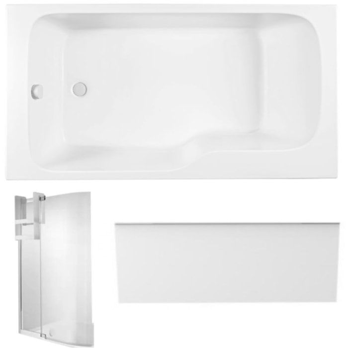 Pack baignoire bain douche 170 x 90 Malice version gauche + tablier en niche + pare bain + étagère pour pare bain