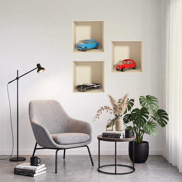 Stickers muraux 3D | Sticker Mural Autocollant effet 3D voitures vintage - Stickers adhésifs 3D Chambre Salon Trompe l'oeil