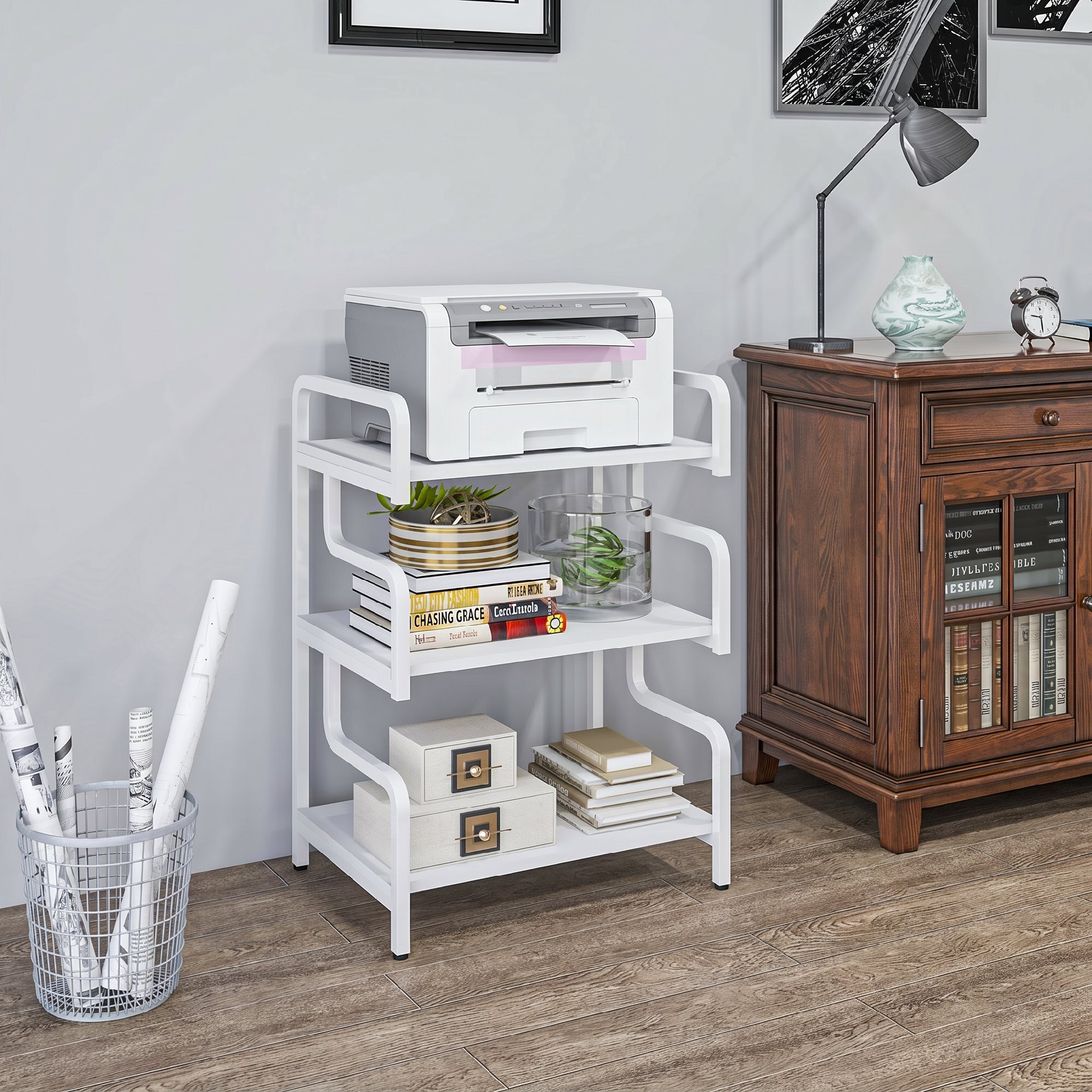 HOMCOM Soporte para Impresora de 3 Niveles, Mueble para Impresora con Marco de Acero, Estantería de Almacenamiento Multiusos para Escáner y Fax en Oficina, Casa, 55x40x77 cm, Blanco