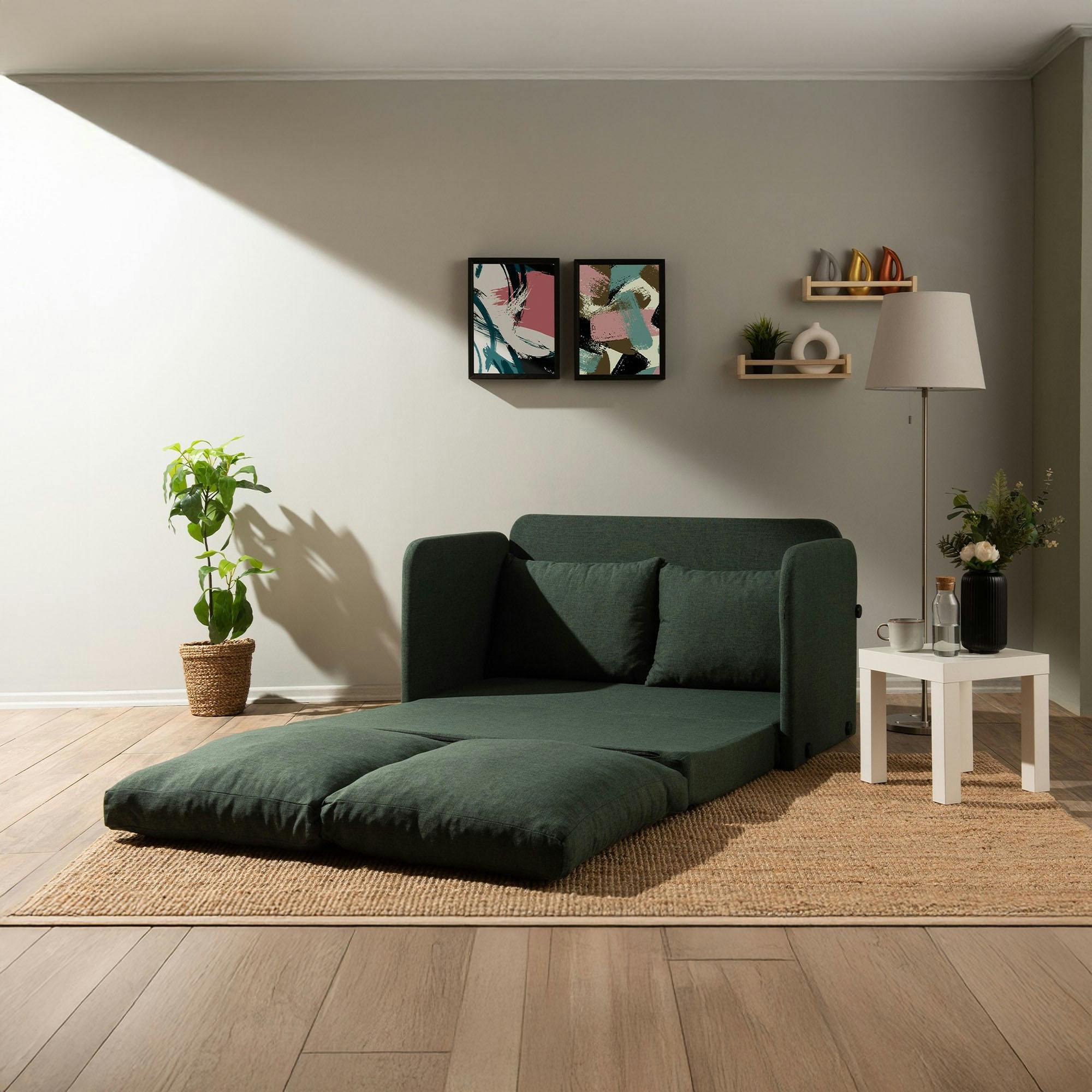 Canapé-lit d'appoint en lin vert foncé, 2 personnes ORURO