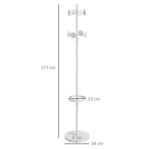 Perchero de Pie con Paragüero Perchero de Pie para Ropa de Metal con 12 Ganchos para Colgar Bolsas Paraguas Forma de Árbol para Pasillo Entrada Dormitorio Ø34x177 cm Blanco