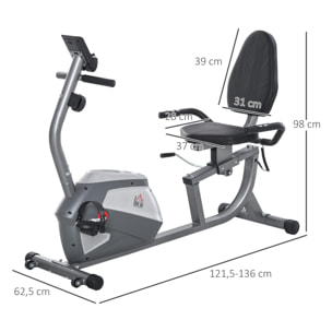 Vélo d'appartement semi-allongé magnétique écran LCD multifonction siège résistance réglable volant inertie 3 Kg gris