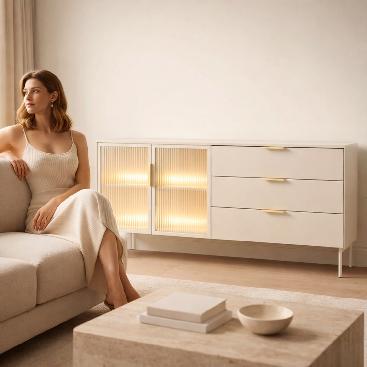 Credenza Madia Con Vetrina Moderna Con Ripiani Interni In Truciolare Melaminico Ideale Per Soggiorno Sala Da Pranzo  181.3 x 39.3 x 82.6 Cm Cashmere