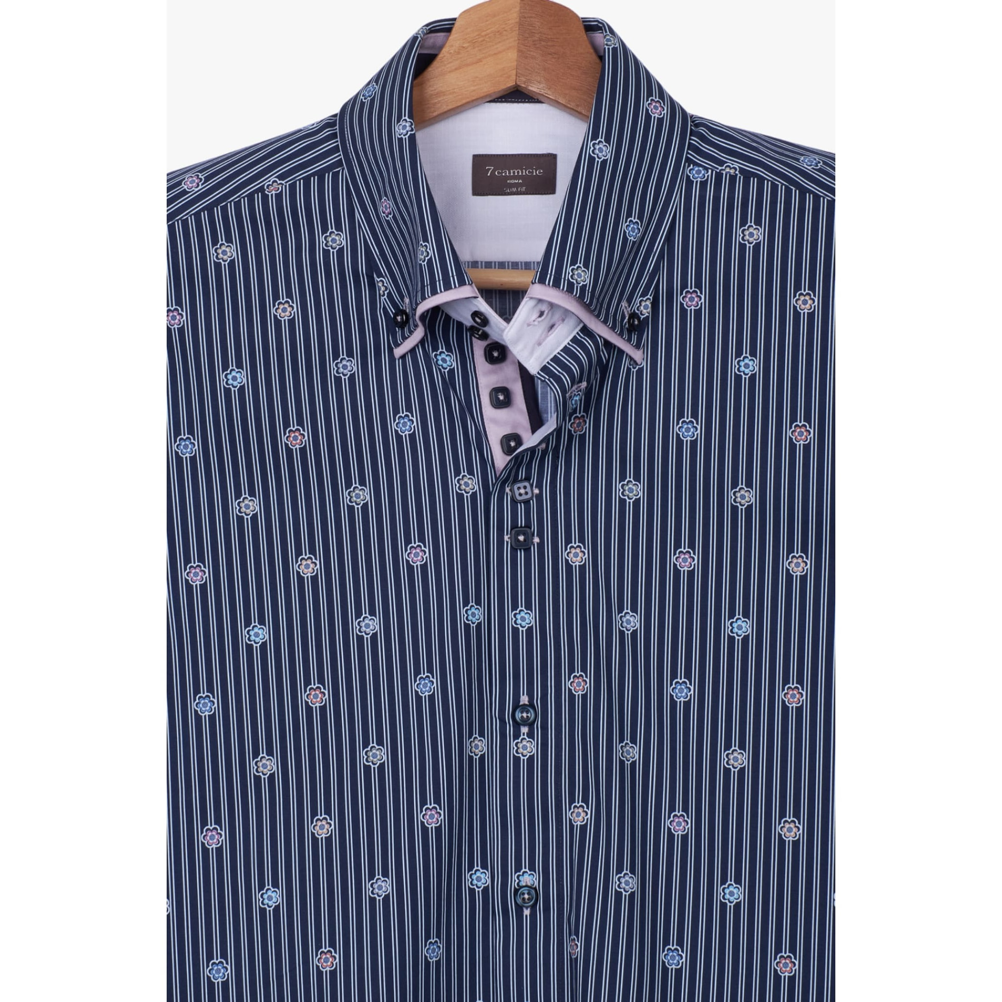 Camicia Uomo 2 Bottoni Button Down 7bottoni Doppio Coll Popeline Riga Media Blu\Bianco