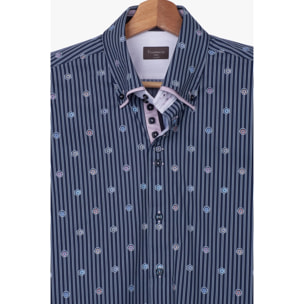 Camicia Uomo 2 Bottoni Button Down 7bottoni Doppio Coll Popeline Riga Media Blu\Bianco