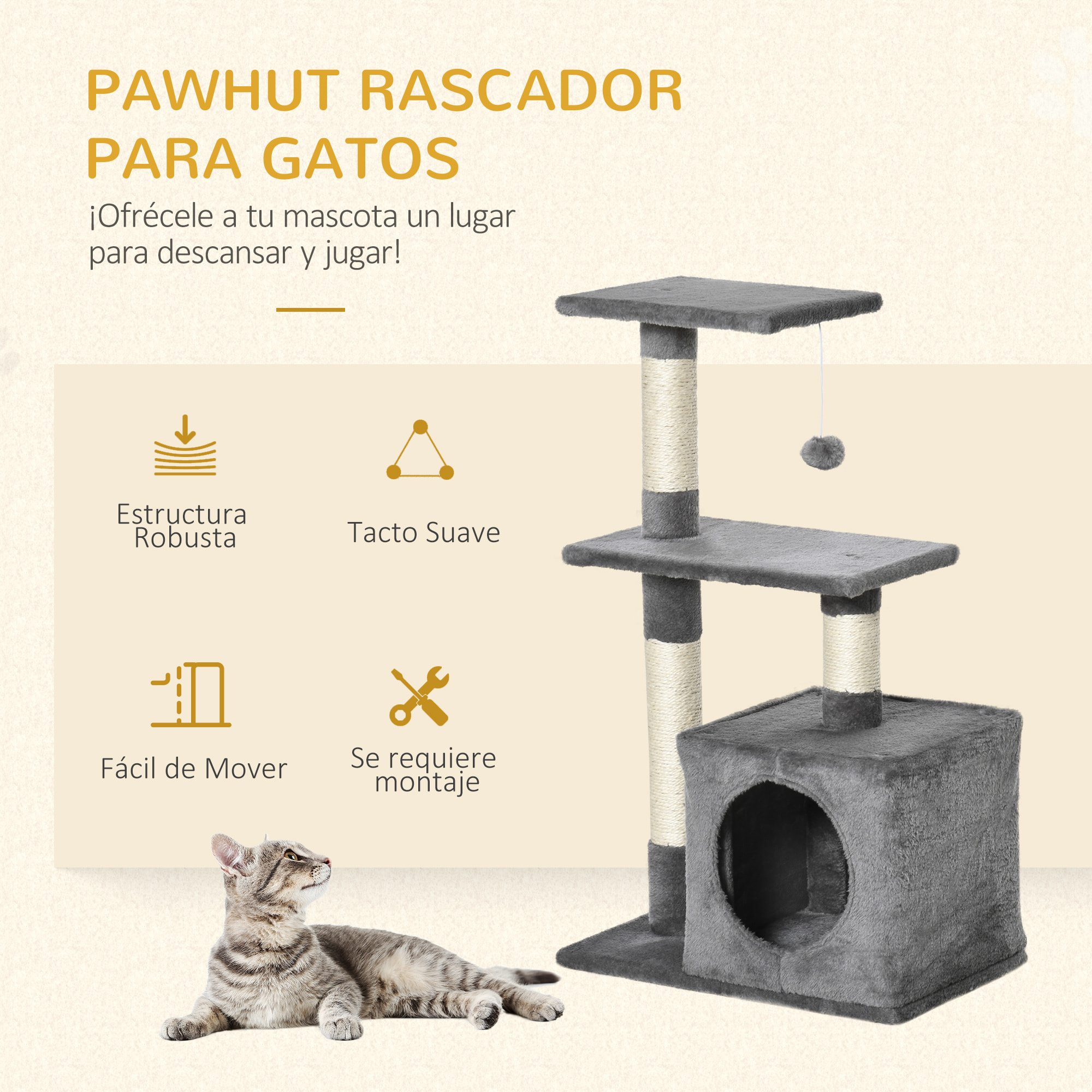 árbol Rascador para Gatos de Felpa y Sisal 50x30x80cm Gris