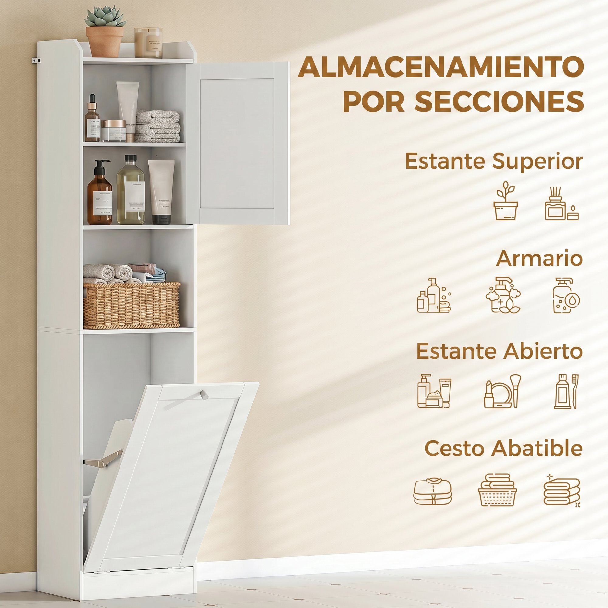 Armario Alto de Baño con Cesto Ropa Sucia, Mueble de Baño Estrecho con Compartimentos Abiertos y Estantes Ajustables, para Espacios Pequeños, 40x30x170 cm, Blanco