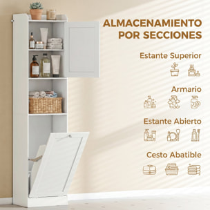 Armario Alto de Baño con Cesto Ropa Sucia, Mueble de Baño Estrecho con Compartimentos Abiertos y Estantes Ajustables, para Espacios Pequeños, 40x30x170 cm, Blanco