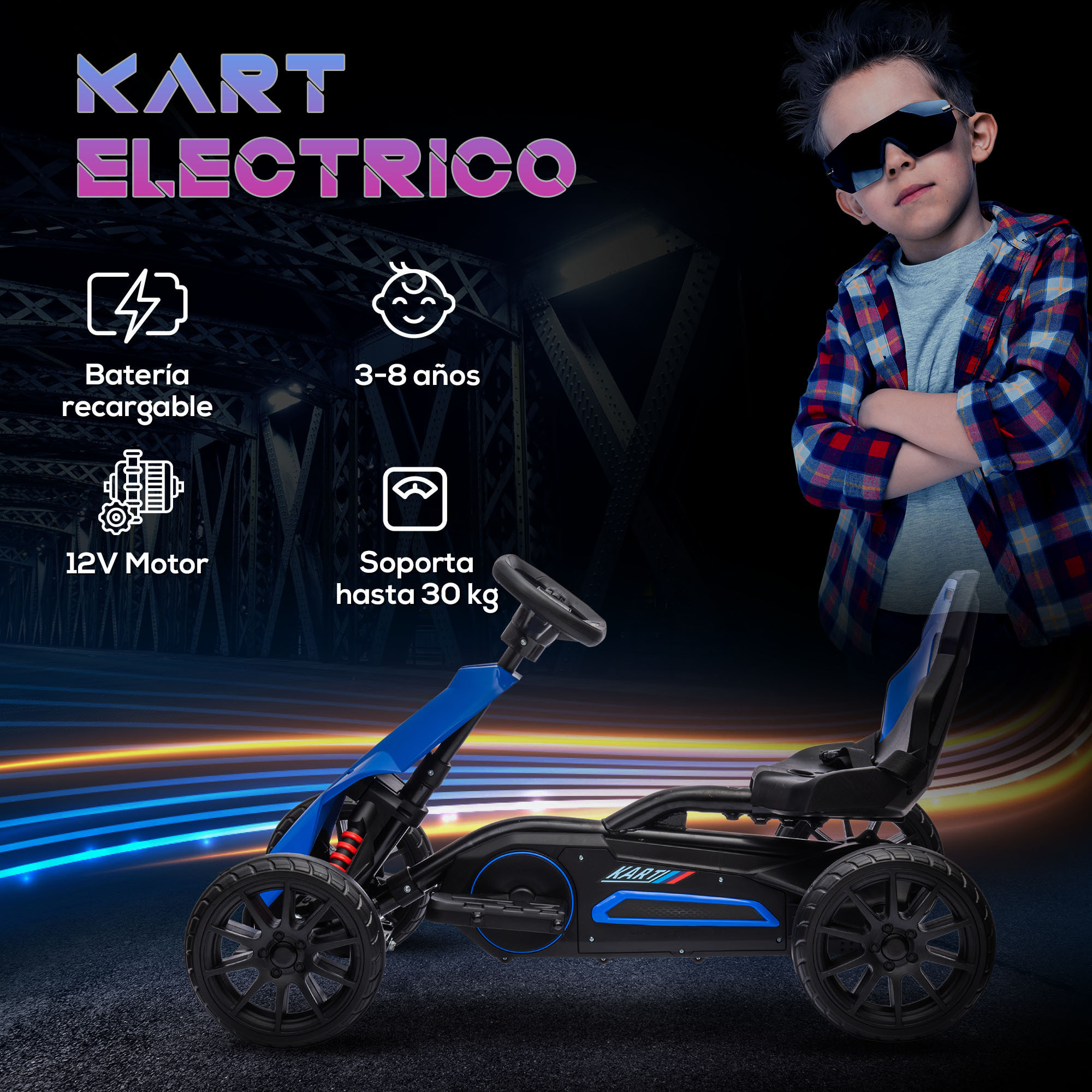 Go Kart Coche Eléctrico para Niños de 3 a 8 Años Kart con Batería 12V Velocidad Ajustable 3-5 km/h y Cinturón de Seguridad Carga 30 kg para Exterior 100x58x58,5 cm Azul