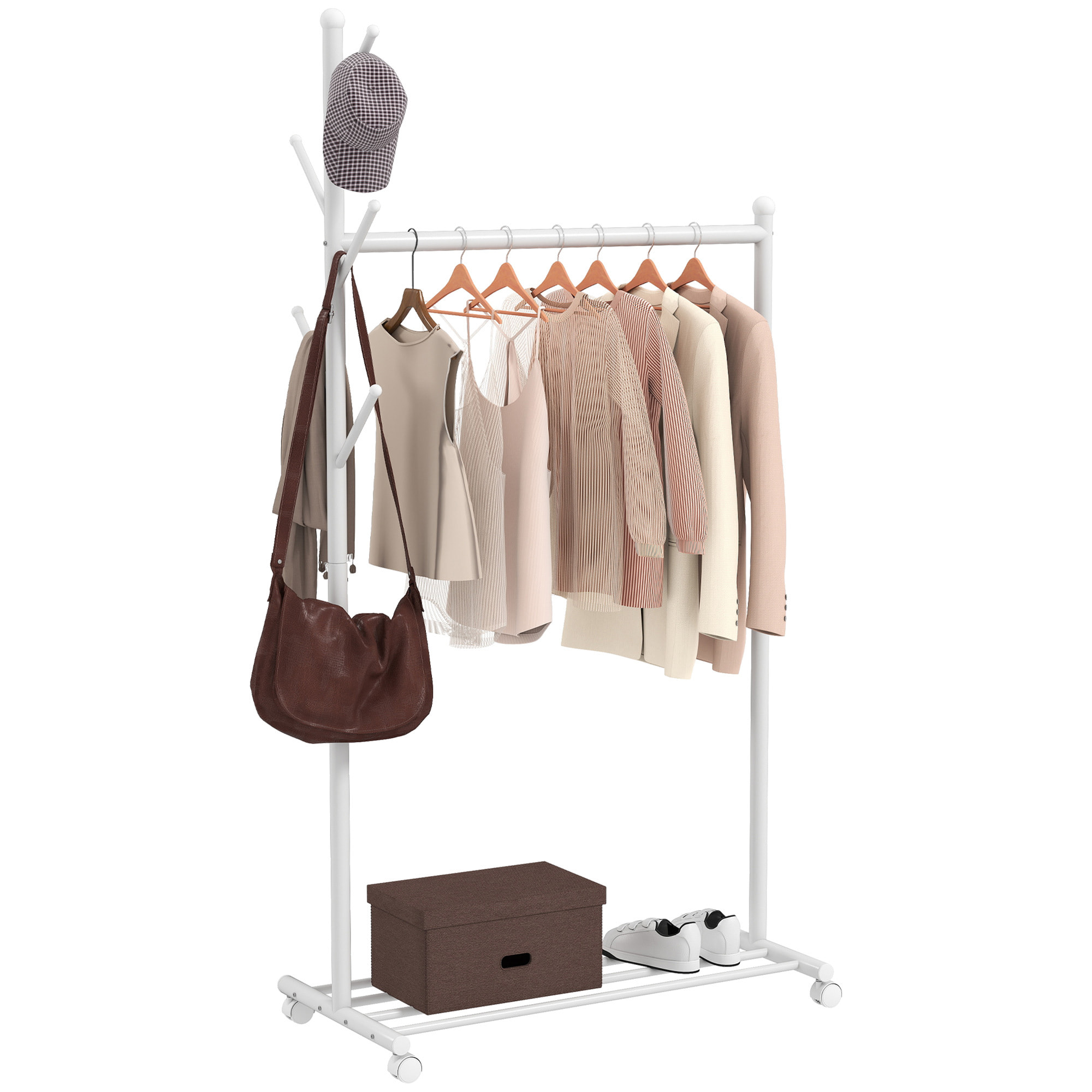 Burro Ropa con Ruedas, Perchero Burro Ropa con 5 Ganchos Barra para Colgar y Balda Inferior Perchero para Recibidor, Entrada, Dormitorio, 86x43x171 cm, Blanco