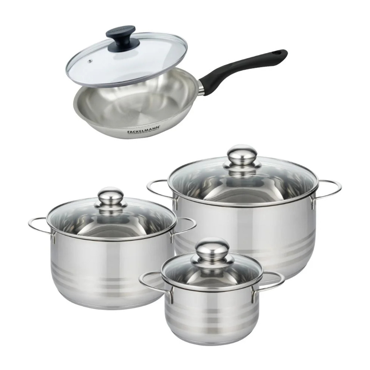 Set de 1 poêle 20 cm en inox et couvercle, 3 faitouts inox 16, 20 et 24 cm Fackelmann Geneva