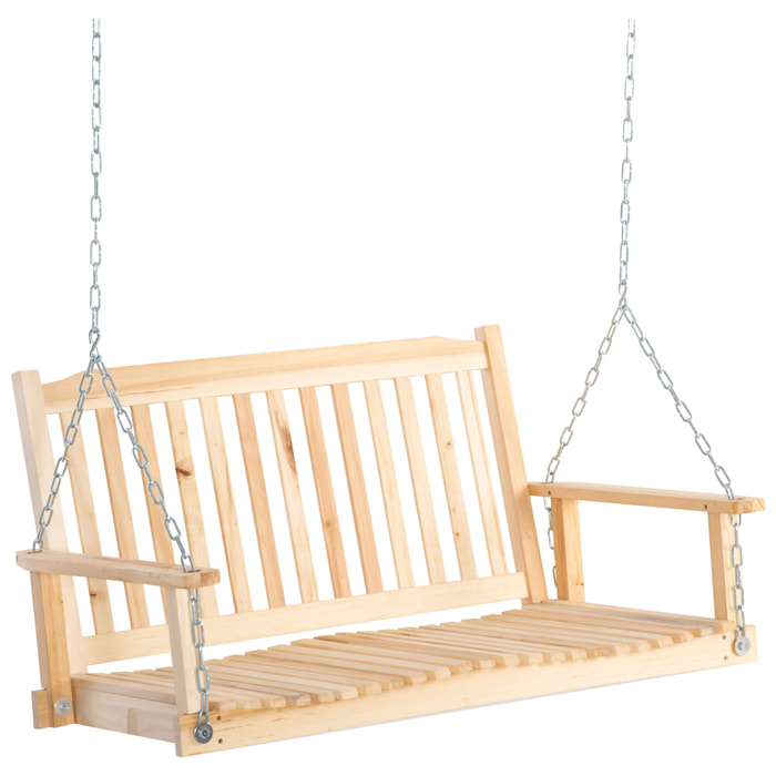 Banco Columpio de Madera de 2 Plazas Banco Balancín Colgante con Reposabrazos Cadenas Ajustables y Diseño Listones Carga 200 kg para Jardín Terraza Balcón 117x69x60 cm Natural