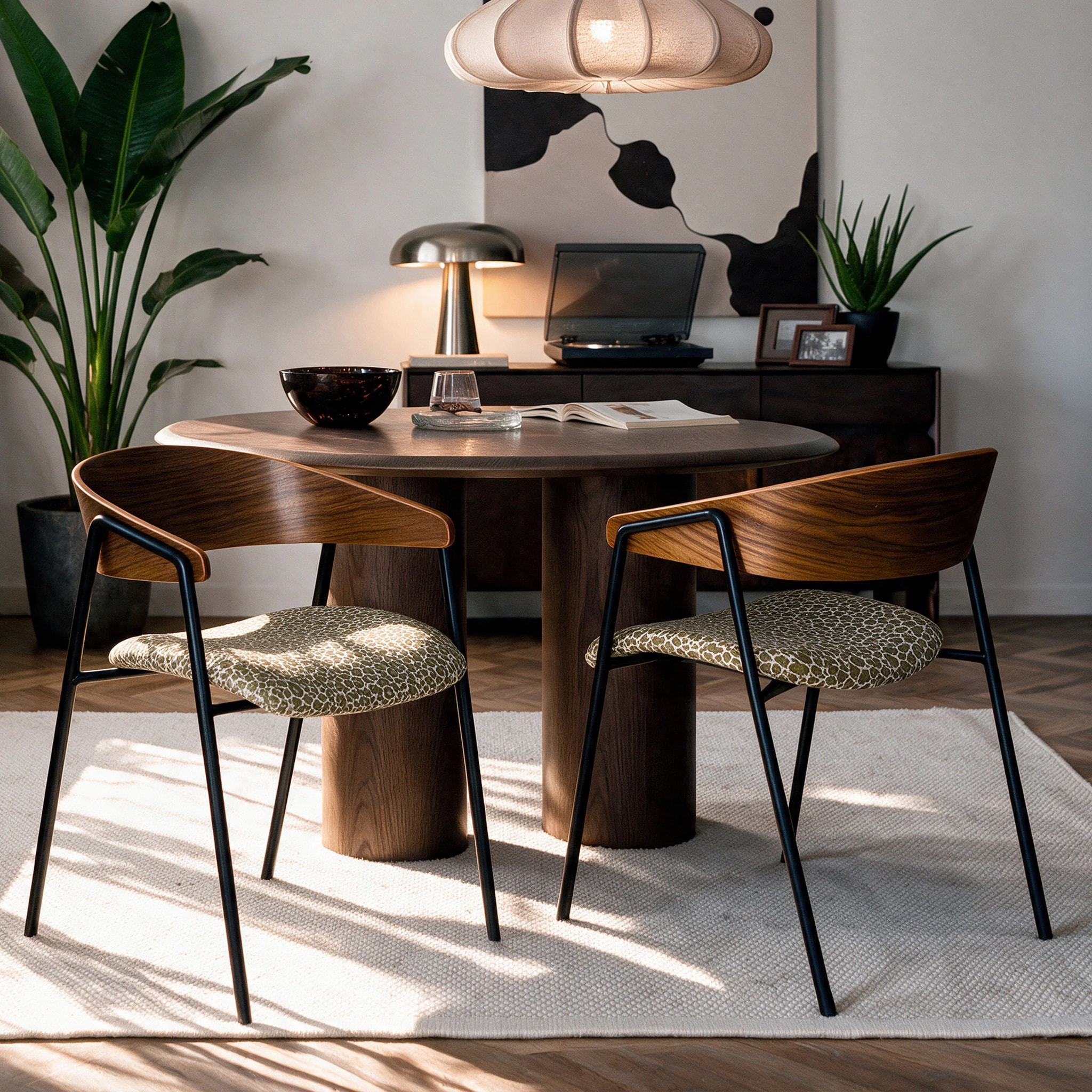 Lot de 2 chaises en tissu léopard vert kaki et bois de noyer - Esmée