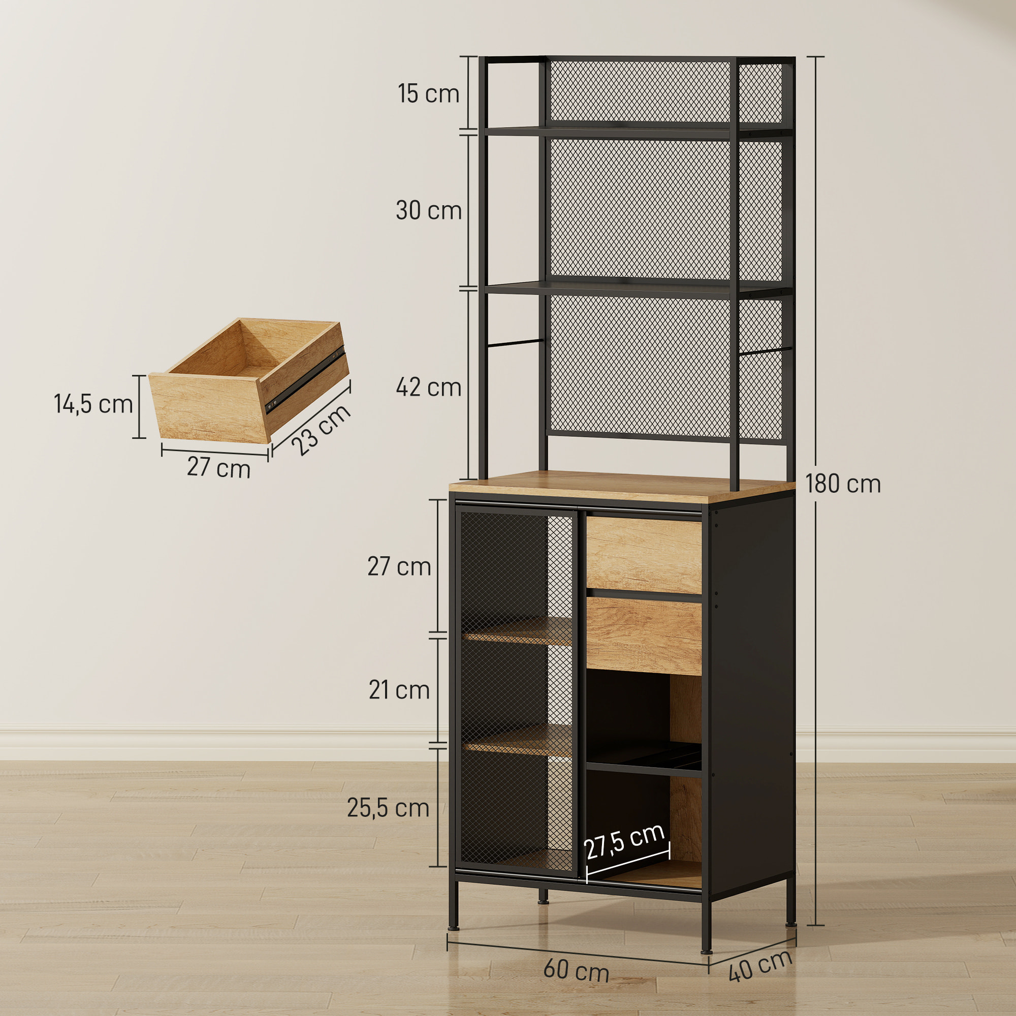 Buffet haut cuisine, armoire de cuisine avec plan de travail, porte coulissante en maille, tiroirs et étagères ouvertes, meuble de rangement industriel, 60x40x180cm, bois naturel et noir