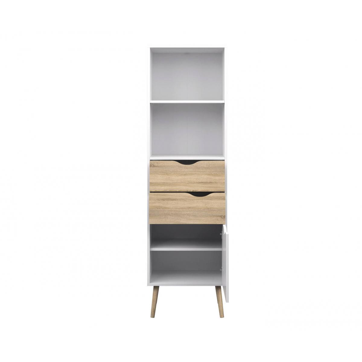 Libreria in stile scandi a due ripiani due cassetti e un'antina, colore bianco e rovere, Misure 50 x 171 x 39 cm